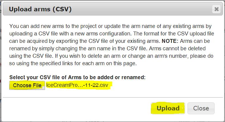 When you click on the Upload or download arms/events button, you will see a dropdown list of options. Click on the Download arms (CSV) option to get the existing arms file.