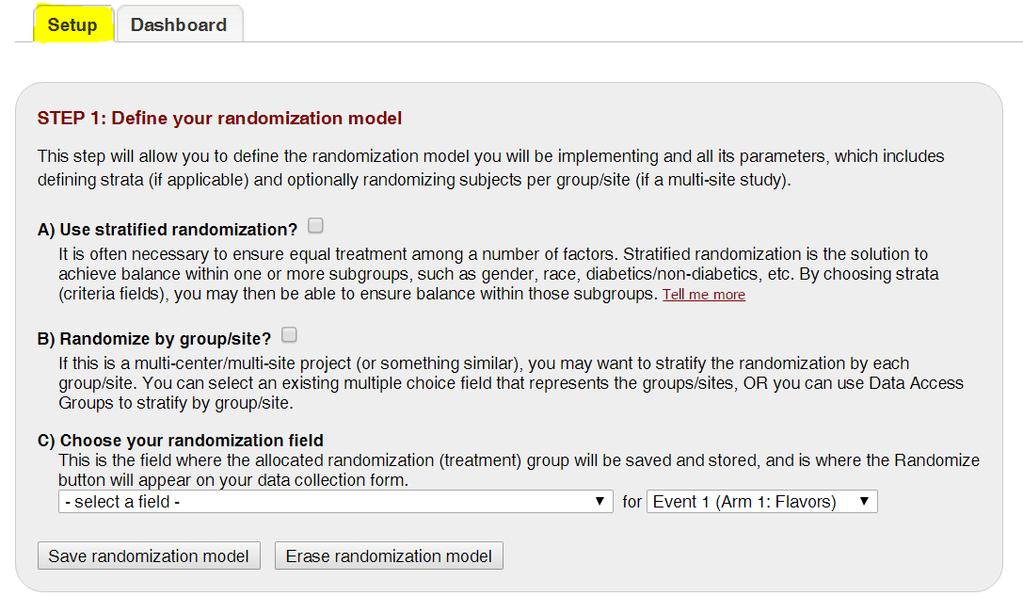 Randomization Setup The randomization model is defined on the Setup tab and consists of three main steps: Define your randomization model Download template allocation tables (as Excel/CSV files)