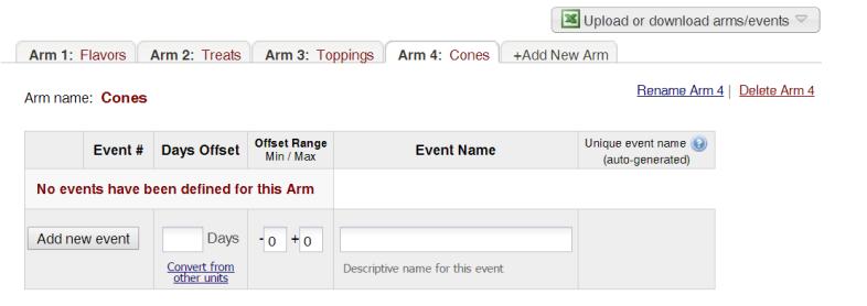 To create additional arms, navigate to the Define My Events button. On the tabs, you will see a +Add New Arm tab.