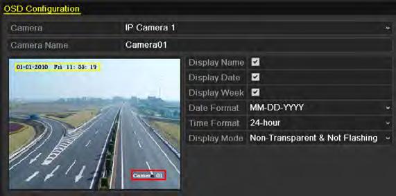 11.1 Configuring OSD Settings Purpose: You can configure the OSD (On-screen Display) settings for the camera, including date /time, camera name, etc. 1. Enter the OSD Configuration interface.
