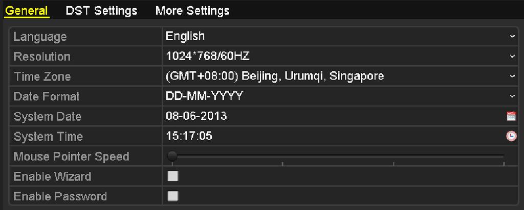13.1 Configuring General Settings Purpose: You can configure the output resolution, system time, mouse pointer speed through the Menu > Configuration > General interface. 1.