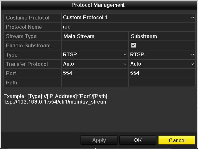 Figure 2. 21 Protocol Management Interface There are 16 customized protocols provided in the system, you can edit the protocol name; and choose whether to enable the sub-stream. 2. Choose the protocol type of transmission and choose the transfer protocols.
