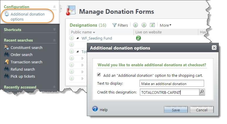 On the Additional donations options screen, select Add an "Additional donation" option to the shopping cart and select the designation to credit.