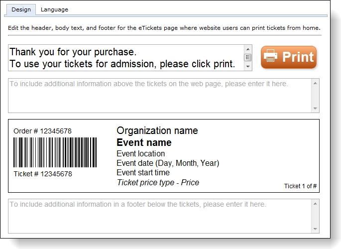 41 CHAPTER 2 Edit the etickets page 1. From Web, click etickets under Configuration. The etickets screen appears. 2. In the text box at the top of the editor, a default header for the etickets page appears.