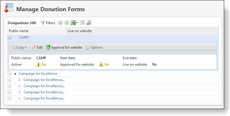 To manage web forms, go to Web and click the task for a form type. To create a form, select an item in the grid and click Approve for website.