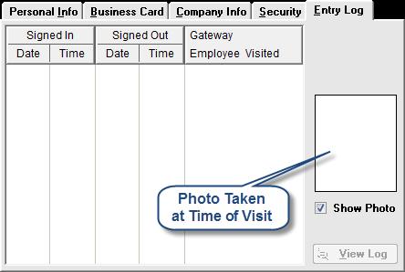Visitor Keeper 2.30.09 - User Guide Entry Log Tab For your convenience, an individual visit log is provided on this tab. This is a concise listing of all the visits made by this person.