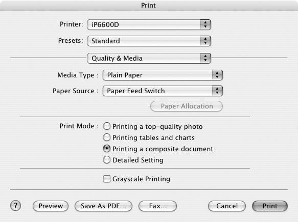 (1) Select Print from the application software s File menu. The Print dialog box opens. (2) Select Quality & Media from the popup menu.