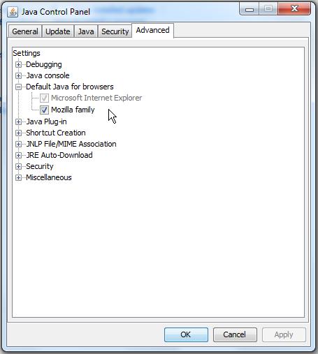 Click the Advanced tab and expand the Default Java for browsers entry to see a list of browsers and their use of the Java Plugin at runtime.