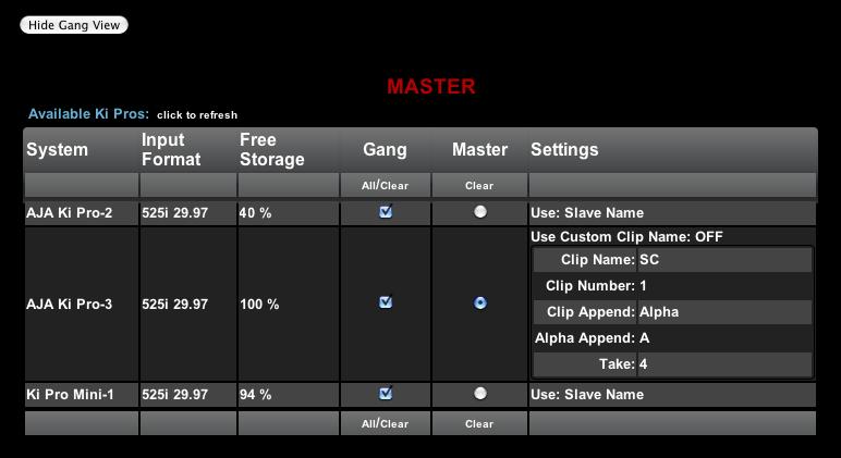Ki Pro Installation and Operation Manual Advanced Features 101 How to Use Gang Recording Navigating to the Transport screen, a "Show Gang Controls" button appears on the left side of the screen.