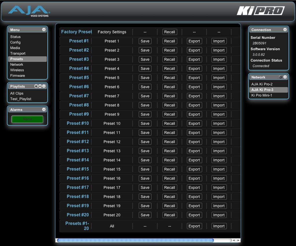 84 Presets Screen The Presets screen allows you to save Preset Configurations into 20 separate memory registers and recall the presets whenever needed.