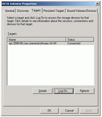If the logon is successful, the iscsi device will show a status of Connected.