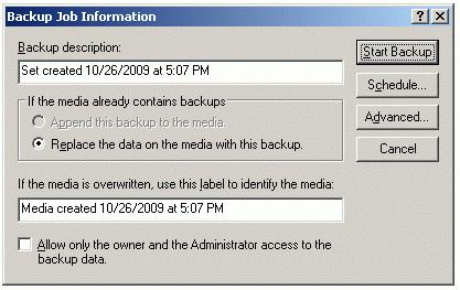 The Backup Job Information dialog appears.