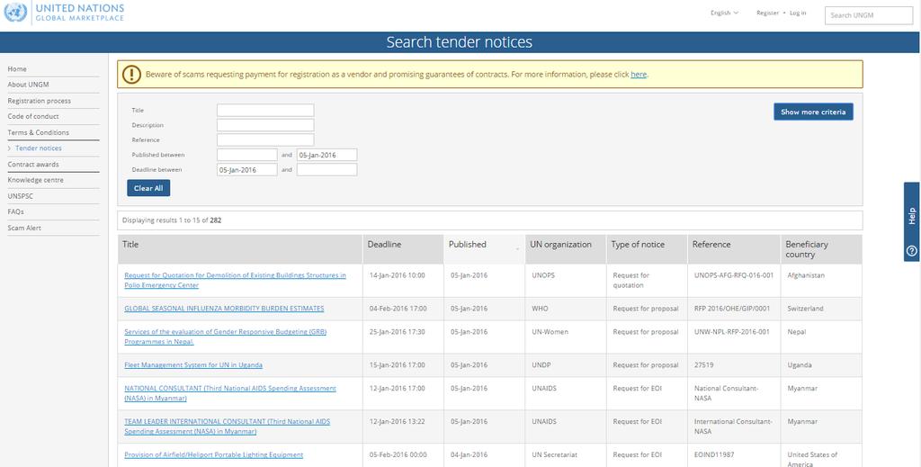If you click on the title of a tender, UNGM will display information about the tender organized under these tabs: General, Contacts, Links, Documents, UNSPSC (codes applicable to tender), and