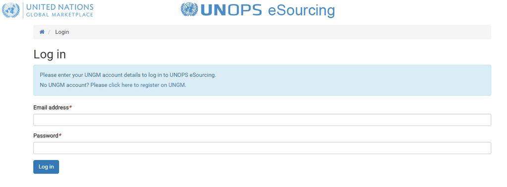 The following UNOPS esourcing screen will appear. If this screen does not appear, please contact UNOPS Helpdesk at: esourcing@unops.