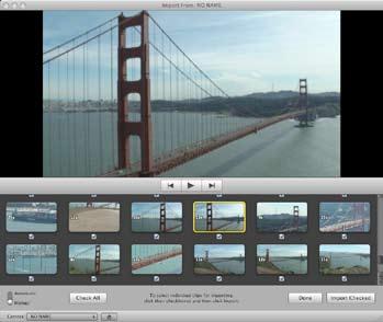 imovie will automatically sense the camera and open up an import video window with thumbnails of all your clips.