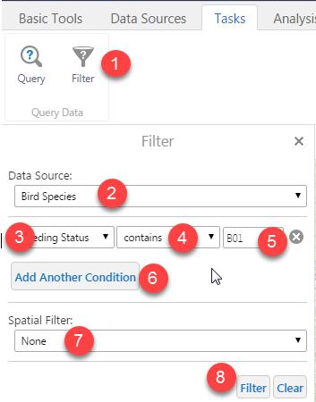 7.5 Filter 1. Open the Tasks ribbon and select Filter. 2. Choose the layer to filter from the Data Source drop-down list. 3. Choose the field to filter on by selecting it from the drop-down list. 4.