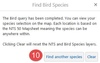 8. Click Panel Actions Menu to select an option to enhance your mapped results. 9. Click x to close the Results panel and HABISask will return to the initial Find Bird Species query panel.