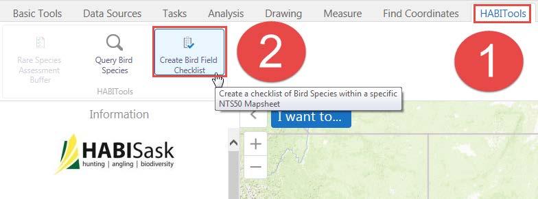 14.2 HABITools Tab - Create Bird Species Field Checklist 1. Click the HABITools tab. 2.
