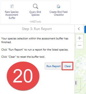 To close the rare species assessment buffer results and reset the map display, select Done from the Report dialogue window.