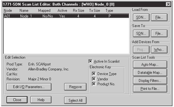 4-10 Configuring a Scanner to Communicate with the 1203-GK5 Module or 1336-GM5 Board 7. Click OK to display the 1771-SDN Scan List Editor: Both Channels dialog box. The new node appears in it.