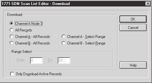 20 1771-SDN Scan List Editor Download Dialog Box 17. Select the records to download, and then click OK to download these records to the PLC. A DeviceNet Manager message appears. Figure 4.