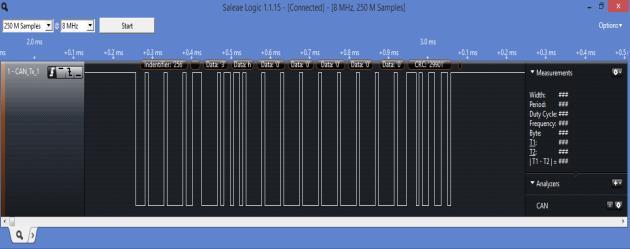 The below figure shows 0x100 Message on Logic Analyzer. The identifier field, the 8 bytes of data, CRC and other fields are seen.
