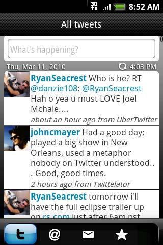 Social 77 Peep screen 2 1 3 4 5 6 7 Sending a tweet 1. Tap to view the Twitter user s profile. This also shows you all tweets from this Twitter user. 2. Tap to enter a tweet to send out. 3. Press and hold to open the options menu to let you reply, send a direct message, retweet, add to favorite, and view the profile.
