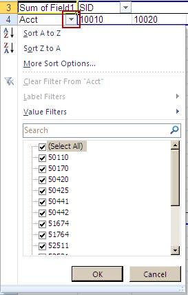 Filtering Data Each Pivot menu item has a drop down menu that allows you to show data selectively.