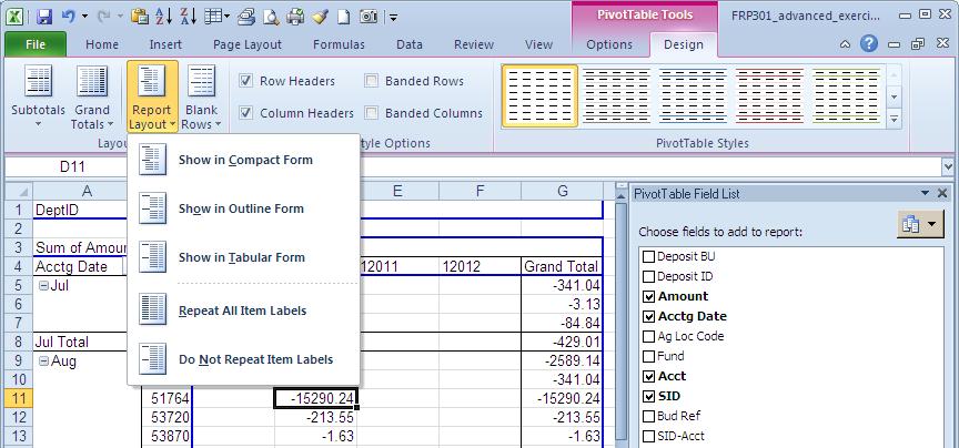 Formatting the Pivot Table Presentation of data is as important as accuracy of the data.
