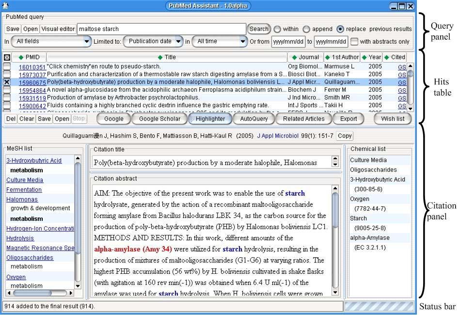 Figure 2. The main user interface of PubMed Assistant. Functionalities are organized in three sections.