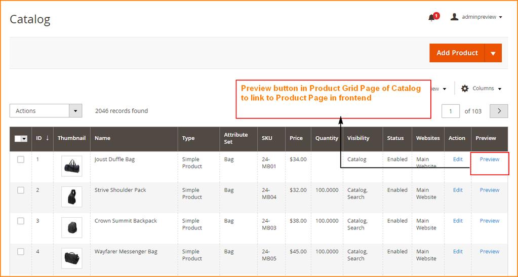 9 User Guide Admin Product Preview Plus for Magento 2 Click Preview button in product grid view in Catalog section to see