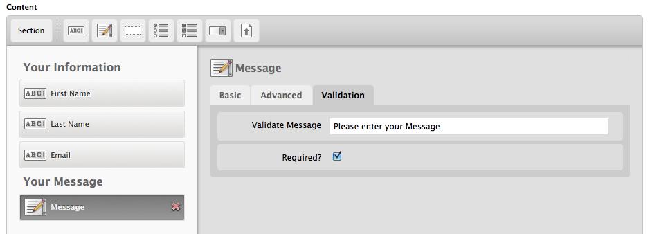 23. Type Please enter your Message in the Validate Message field and make the field required. 24. Enter a message in the Confirmation Message section.