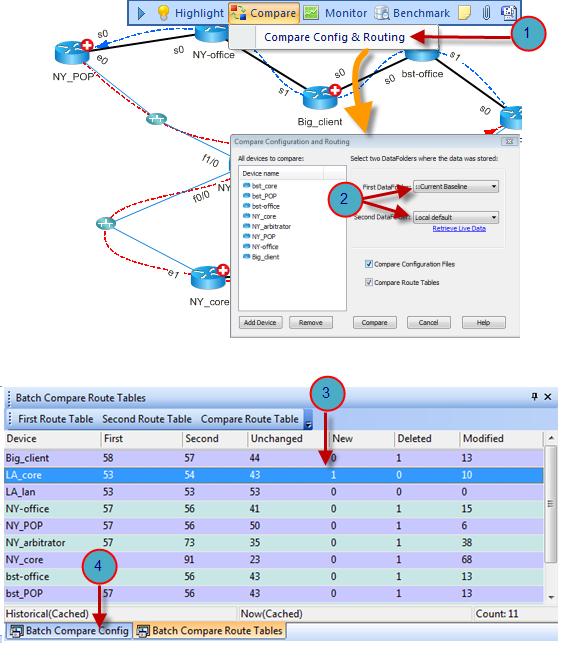 3.5 Batch Compare Configurations and Routings Compare configurations and routings for all devices in the map Find out any missing routes after implementing a network change Find out when a routing