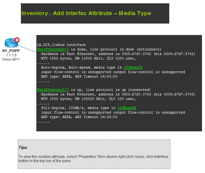5.4 Create Customized Network Inventory Report Create customized network inventory report Sample map of : Add Interface Attribute Media Type 1. Open the procedure task window. 2.