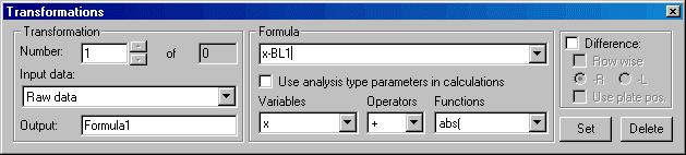 2. Create/Edit a Method Wizard In the Formula box type x-bl1, where x refers to the current Input data value in a well and BL1 is the mean value of the blank wells of experimental group 1.