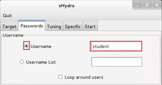 13. In the xhydra window, navigate to the Target tab, and enter IP address 192.168.1.50 in the Single Target field. 14.