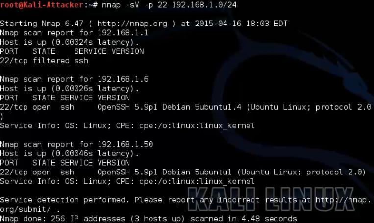 2 Connecting to a Linux System Using SSH 2.1 Analyze SSH Connection 1. While on the Kali system, initiate an Nmap scan specifically looking for an open port 22. nmap sv p 22 192.168.1.0/24 Notice for host 192.