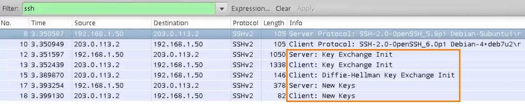 Type ssh into the filter space and select Apply. 12. Notice the key exchange traffic between the server and the client.