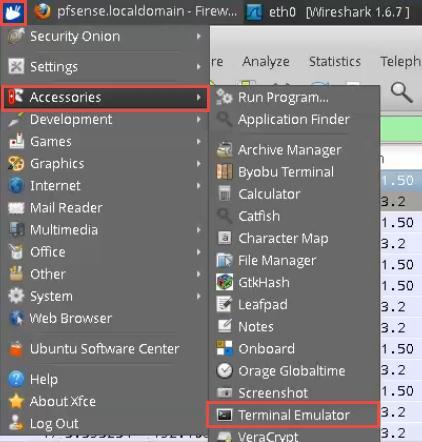 5. Change focus to the Security Onion system and open a new Terminal window by navigating to the Applications Menu > Accessories > Terminal Emulator. 6.