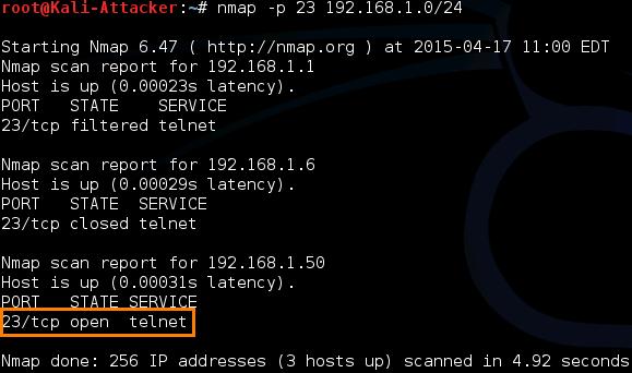 8. Initiate a quick Nmap scan exclusively looking for port 23 on the 192.168.1.0/24 subnet. nmap p 23 192.168.1.0/24 9.