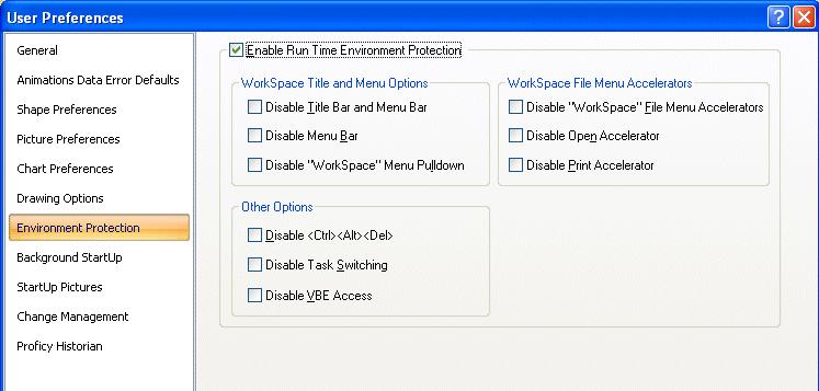 Getting Started with ifix Environment Protection Options in the Proficy ifix WorkSpace From this dialog box, you can enable the options that your applications require.