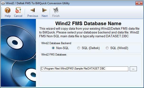 Conversion Utility Similarly, select the Wind2/FMS Database Name to be used for data conversion. Select the Non- SQL, SQL (Deltek) or SQL (Wind2) backend option.