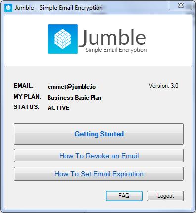 If the login was successful you will see a dialog similar to the one below, showing your email address, account status and Jumble plan name. This dialog window can now be closed.