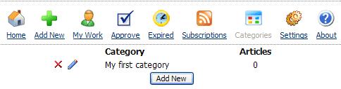 Manage categories Before add a new article, let s setup article categories at first, click Categories link in the top of the module, you will see a screen like this: You can click Add New button to