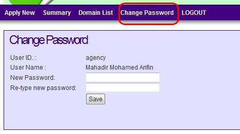 8) Membuat petukaran kata laluan i) Klik tab Change Password ii) Masukan kata laluan baru dan
