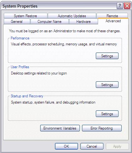 Installing Virgo Web Server 3 Click the Advanced tab and select Environment Variables.