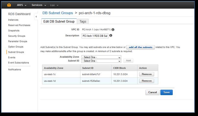 instance. Manage Subnet Groups from the RDS service management page. Create one that contains the two Internal CDE subnets created earlier.