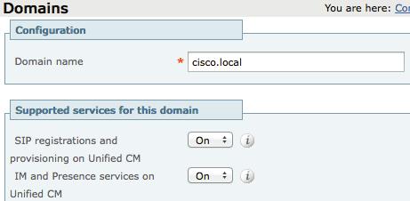 Step 3: Navigate to Configuration > Domains and click New. Step 4: Enter the following values in the relevant fields: Domain name cisco.