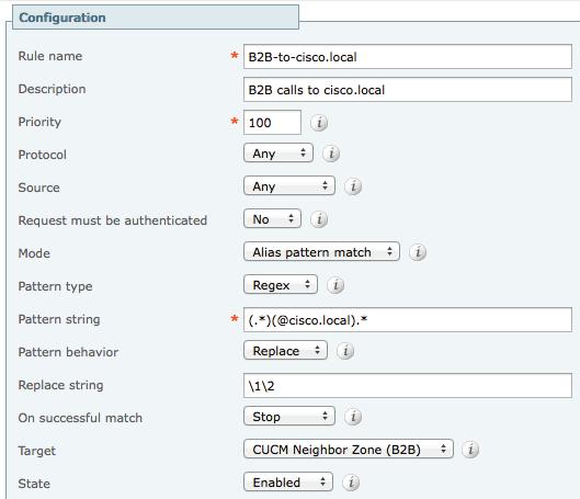 Priority 100 Mode Alias Pattern Match Pattern type Regex Pattern String (.*)(@cisco.local).