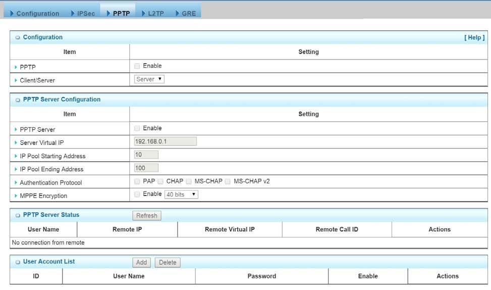 1. PPTP: Check the Enable box to activate PPTP client and server functions.